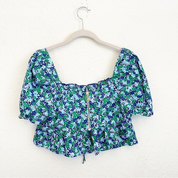 Zara Womens Small Ditsy Floral Puff Sleeve Crop Blouse Exposed Zip Back Cotton - Picture 4 of 6